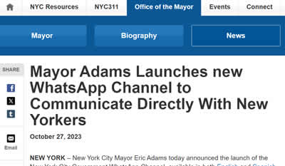NYC Mayor Eric Adams Launches new WhatsApp Channel to Communicate Directly With New Yorkers