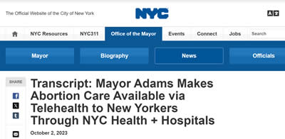 New York Mayor Eric  Adams Makes Abortion Care Available via Telehealth to New Yorkers Through NYC Health + Hospitals