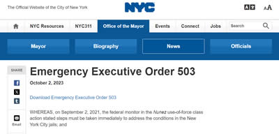 NYC Mayor Eric Adams  Emergency Executive Order 503 October 2, 2023