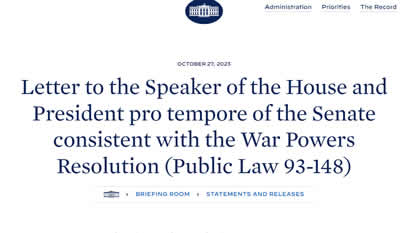 Letter to the Speaker of the House and President pro tempore of the Senate consistent with the War Powers Resolution (Public Law 93-148)