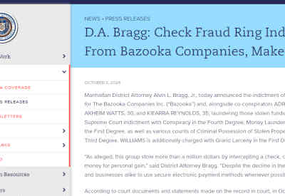 Manhattan D.A. Indicts Check Fraud Ring for Stealing $1.2 Million from Bazooka Companies