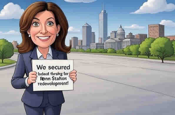 New York News Hochul Humot style caricature Penn Station