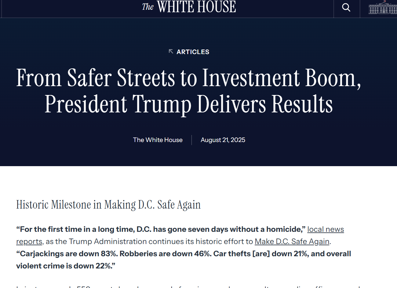 President Trump Delivers Safer Streets in D.C. and Sparks Investment Boom with One Big Beautiful Bill