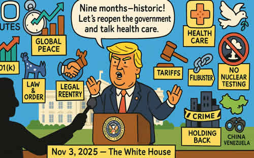 Trump Touts Nine-Month Record Urges Democrats to Reopen Government