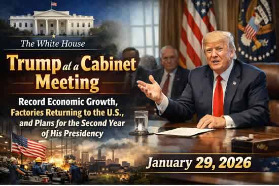 Trump at a Cabinet Meeting January 29, 2026: Record Economic Growth, Factories Returning to the U.S., and Plans for the Second Year of His Presidency (Video)