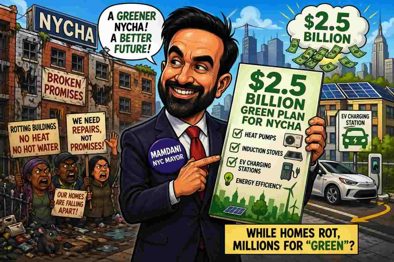 Cartoon illustration of NYC mayor promoting $2.5 billion NYCHA green plan while residents protest poor housing conditions in New York