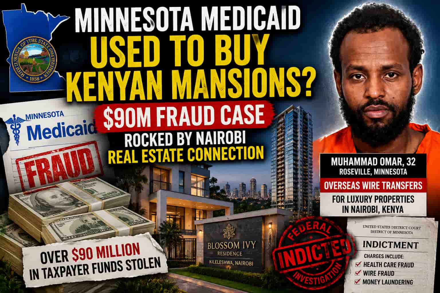 Minnesota Medicaid fraud case illustration showing Nairobi luxury real estate, federal indictment documents, cash, and suspect Muhammad Omar linked to overseas wire transfers.