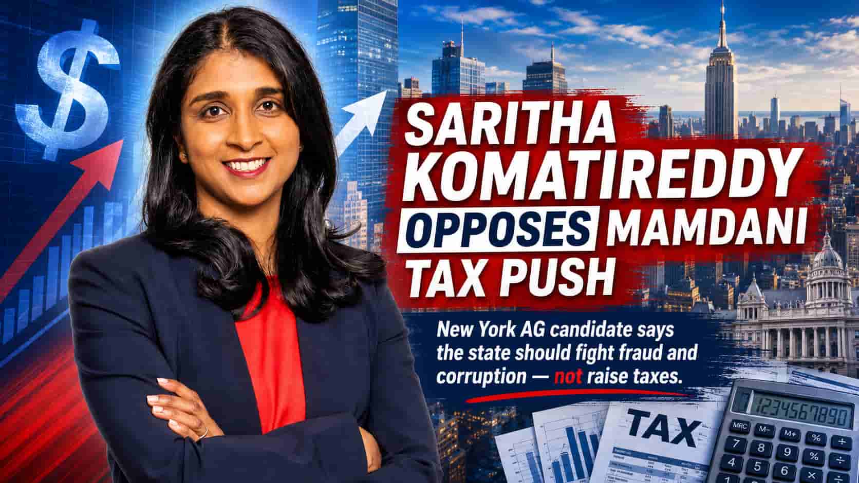 New York attorney general candidate Saritha Komatireddy criticizing Mayor Zohran Mamdani’s tax agenda